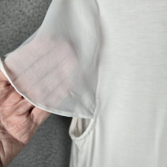 Blouse Top Tee S White V-Neck Sheer Short Cap Flutter Sleeve Pullover Relaxed - Picture 5 of 8